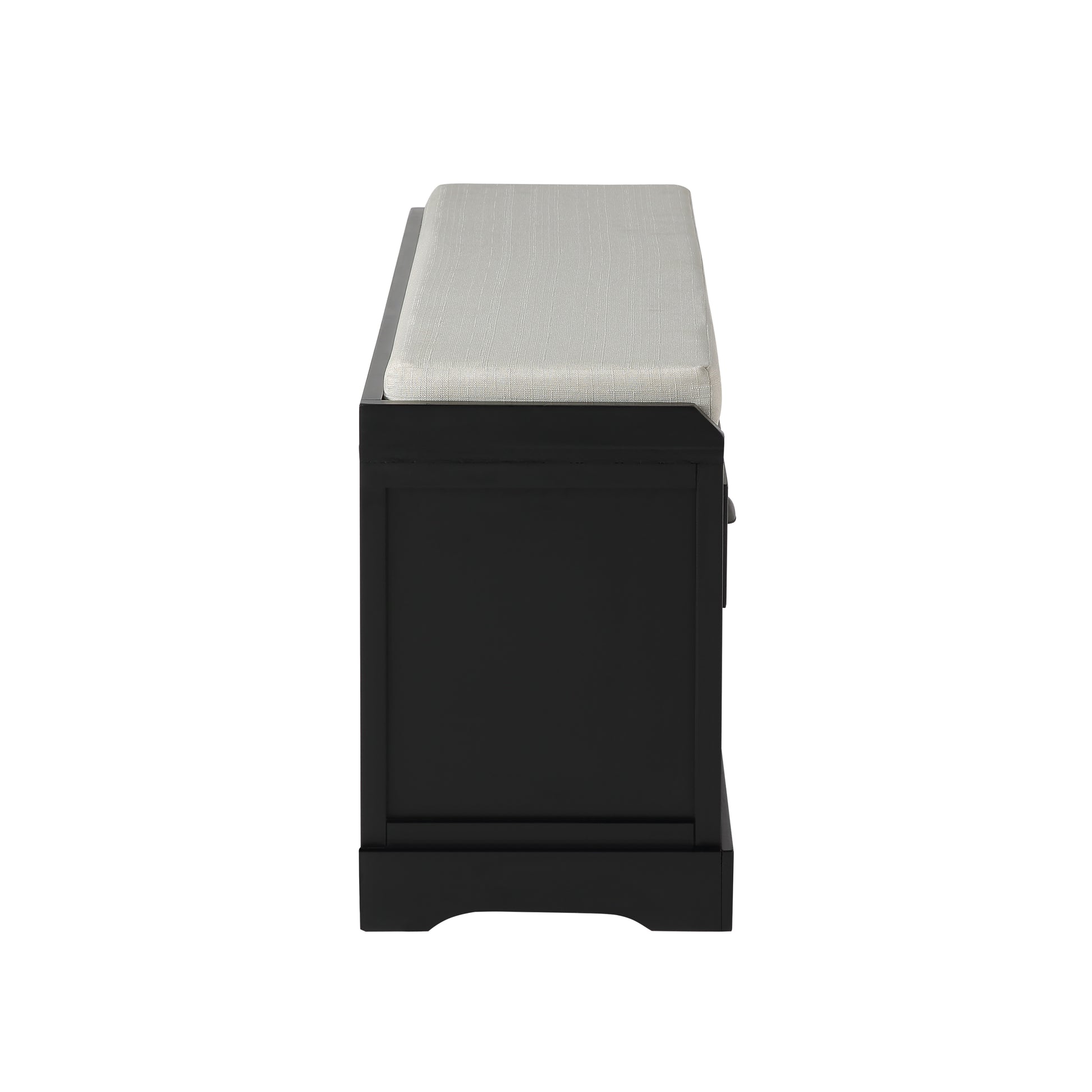 Black storage bench with a light gray upholstered seat