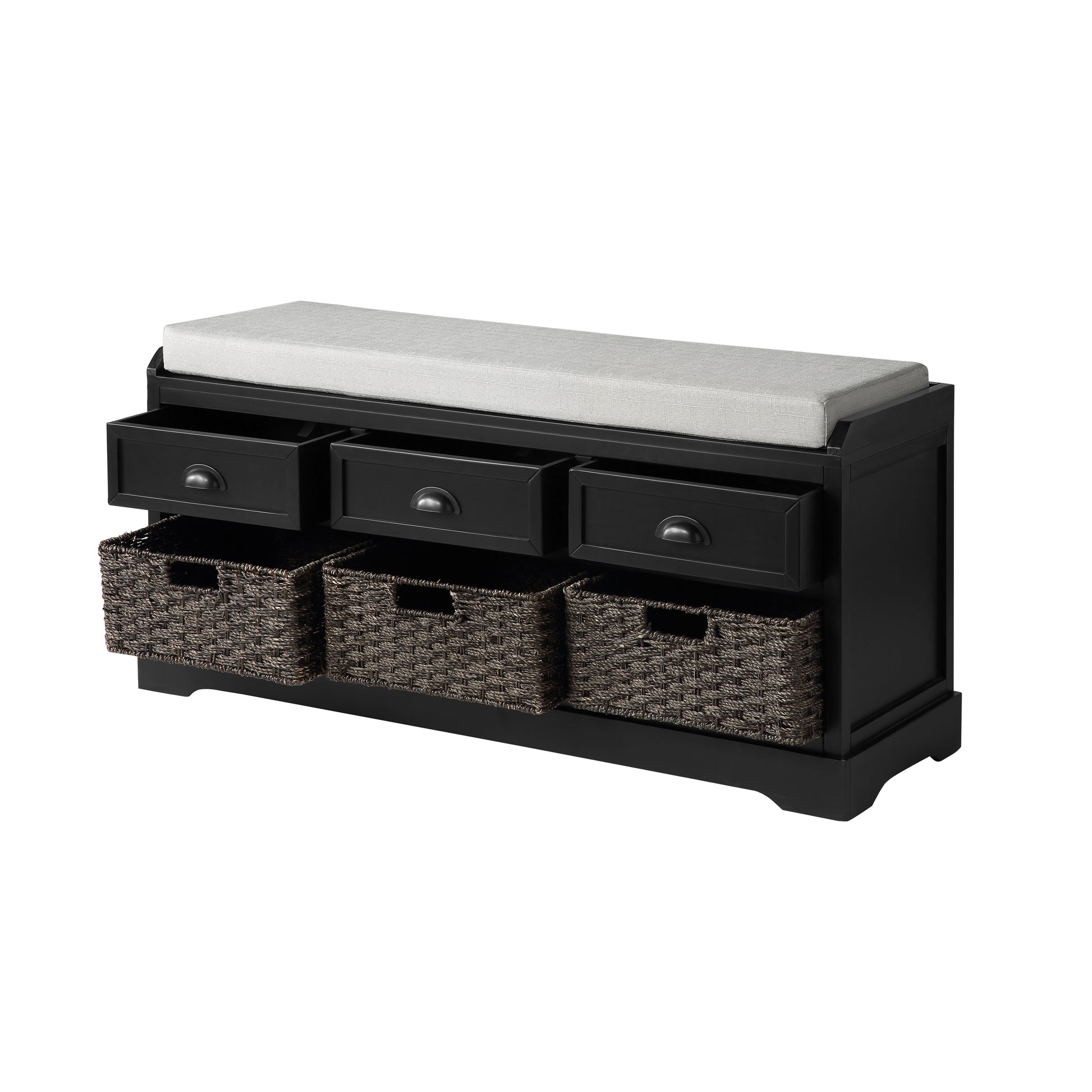 Black wooden bench with grey upholstered seat and three pullout drawers for entryway organization