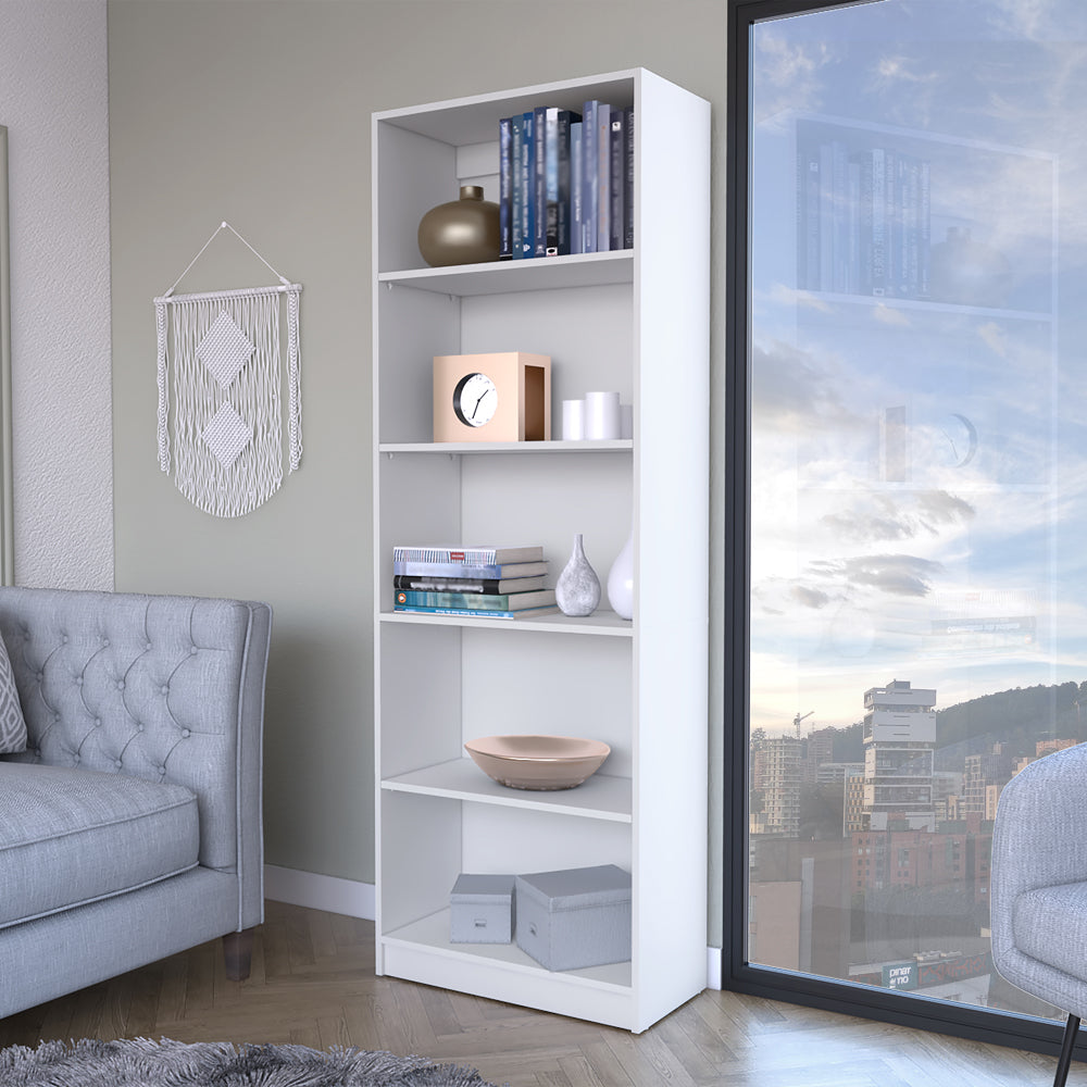White fiveshelf bookshelf with books and decorative items