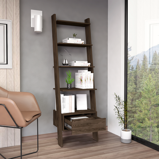 Dark walnut ladder bookshelf with open shelves and a drawer