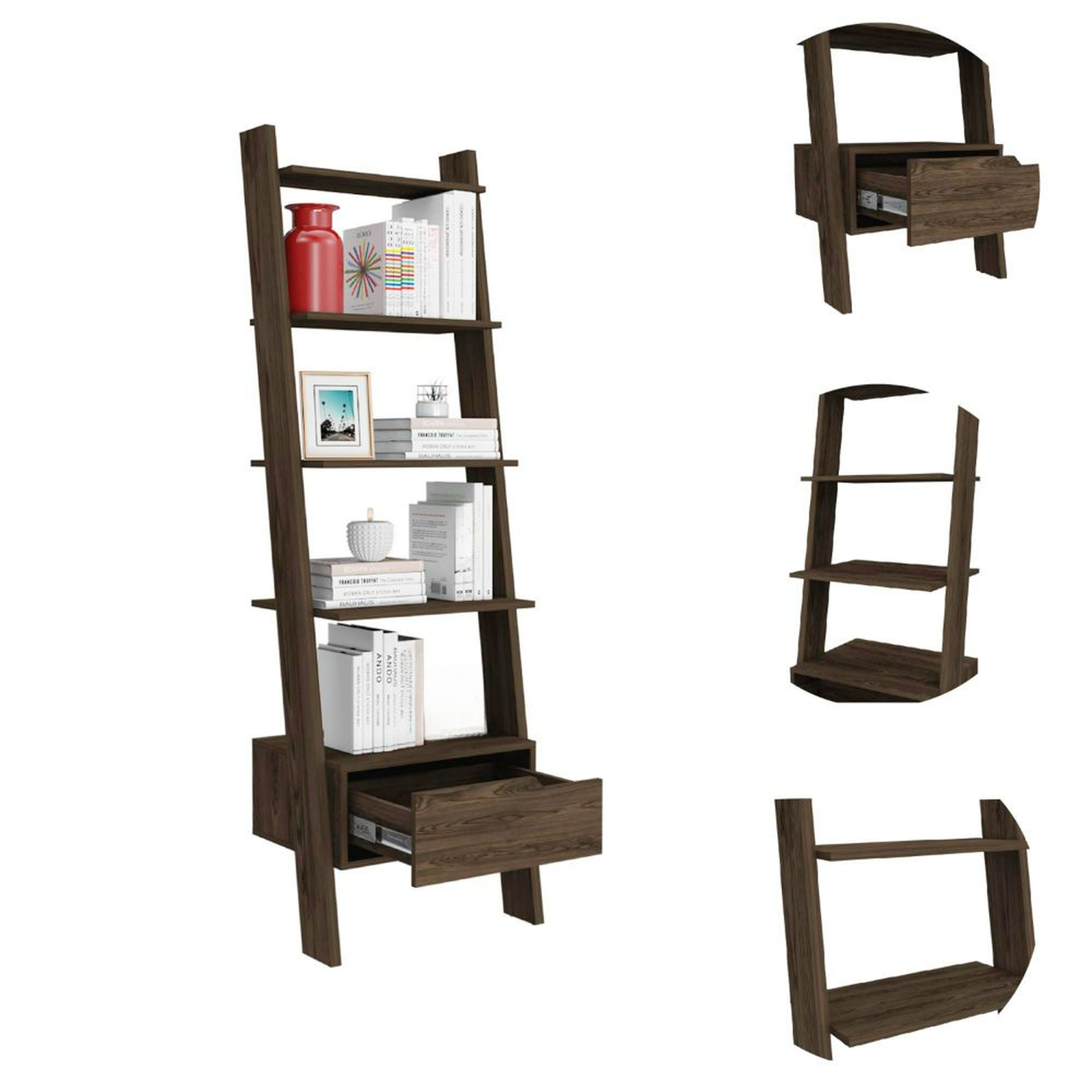 Dark wood ladder bookshelf with open shelves and a drawer
