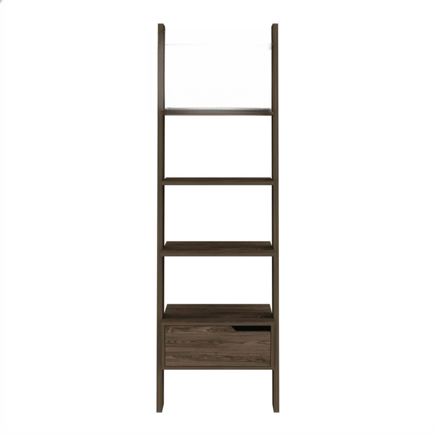 Dark oak ladder shelf with four open shelves and a single drawer