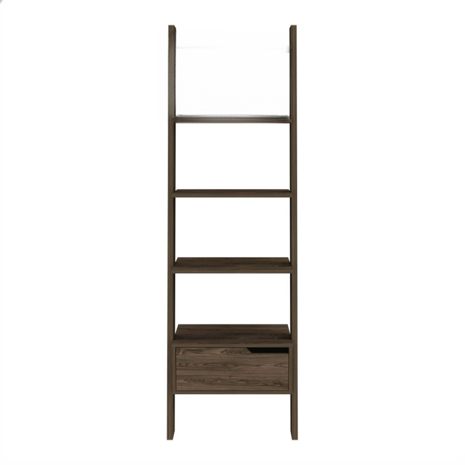 Dark oak ladder shelf with four open shelves and a single drawer