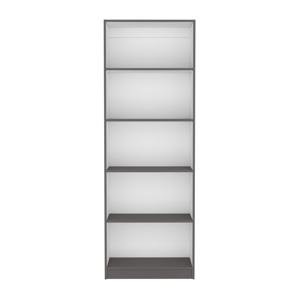 Tall gray bookshelf with five white shelves