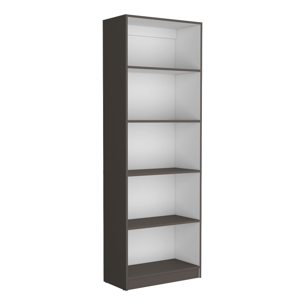 Tall dark brown shelf bookcase with white interior shelves ideal for modern home offices
