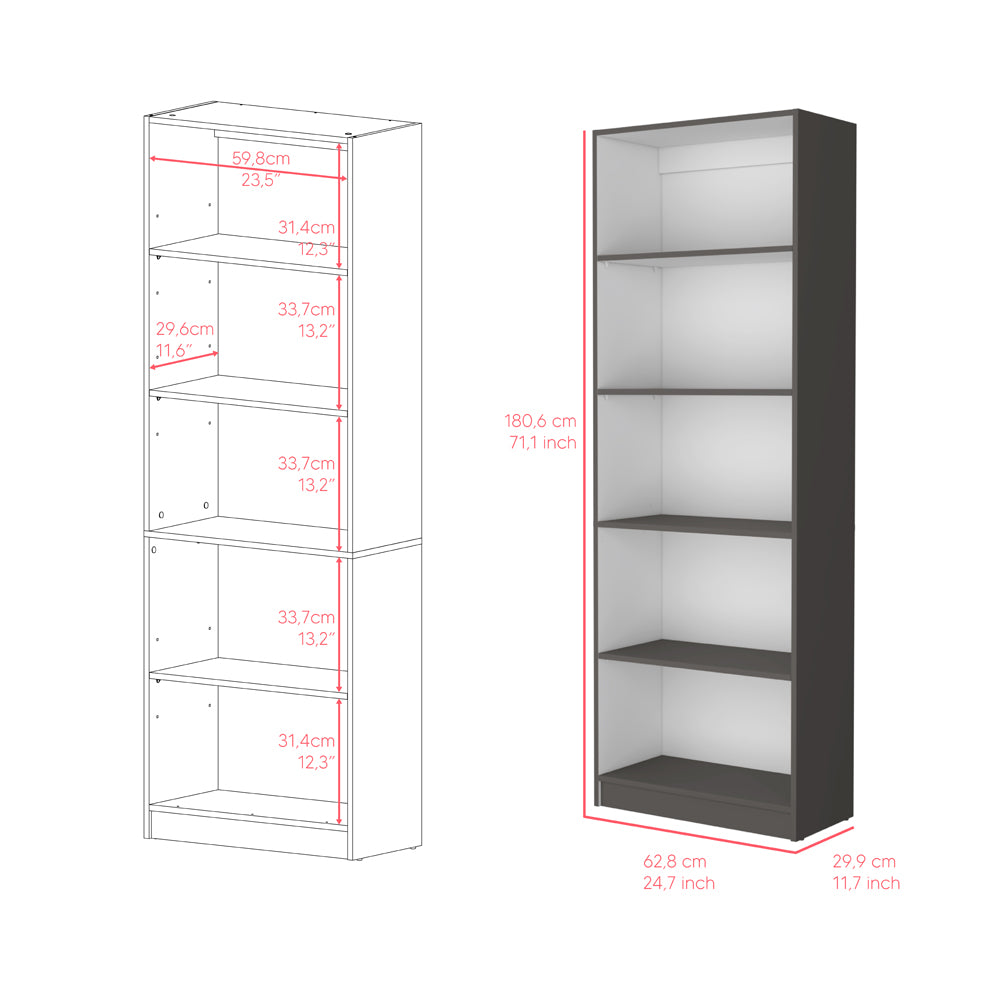 Tall dark grey and white modern bookshelf with five shelves perfect for book storage