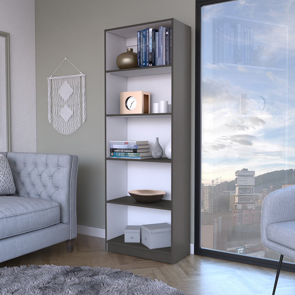 Modern gray fiveshelf bookcase with decorative items and books