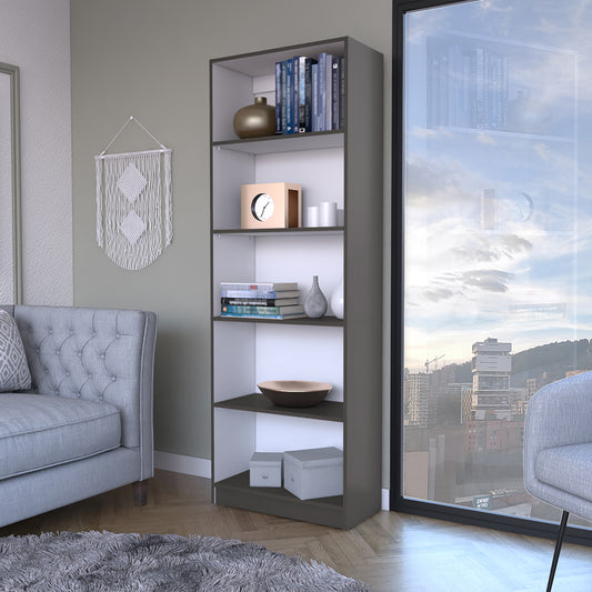 Modern gray fiveshelf bookcase with decorative items and books