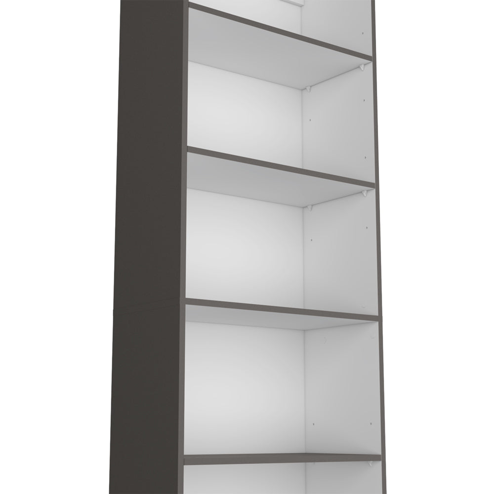 Dark gray modern tall bookshelf with five white shelves