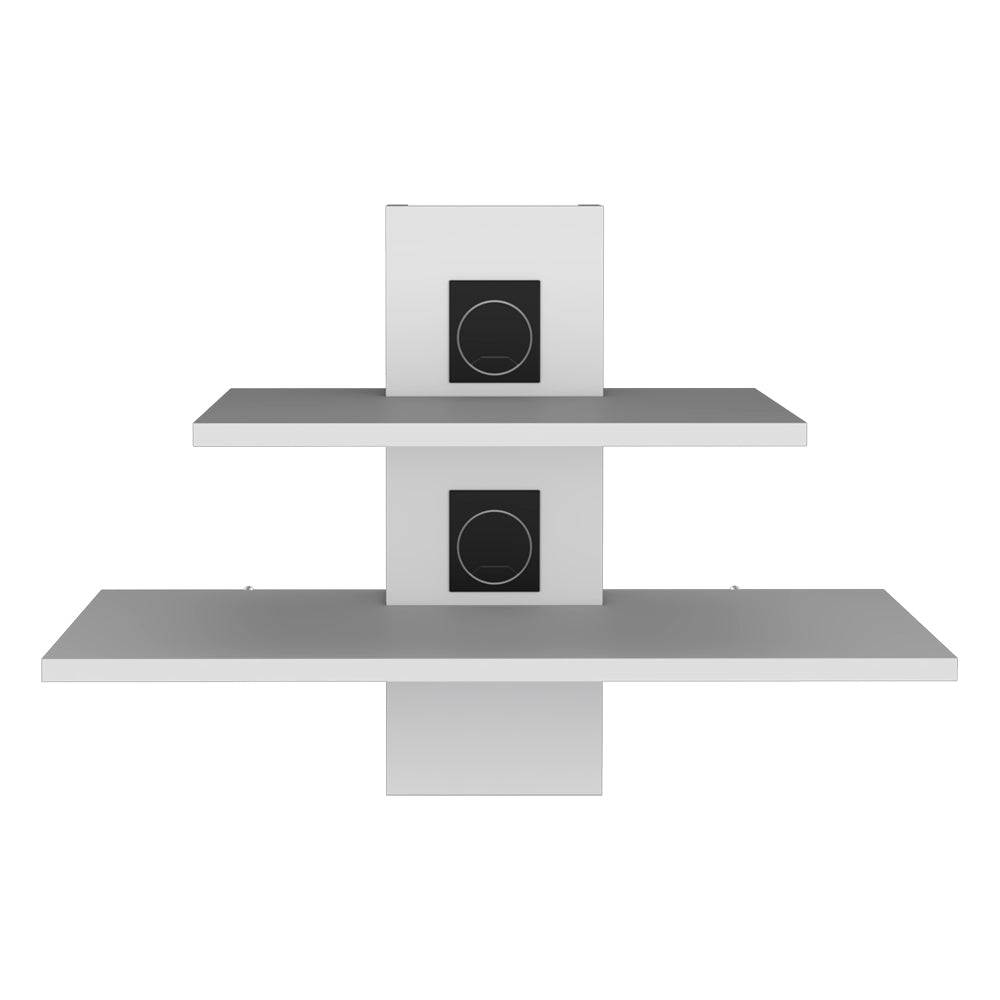 White floating wall shelf with two levels and integrated black circular ventilation vents