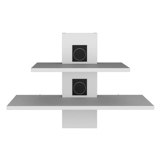 White floating wall shelf with two levels and integrated black circular ventilation vents