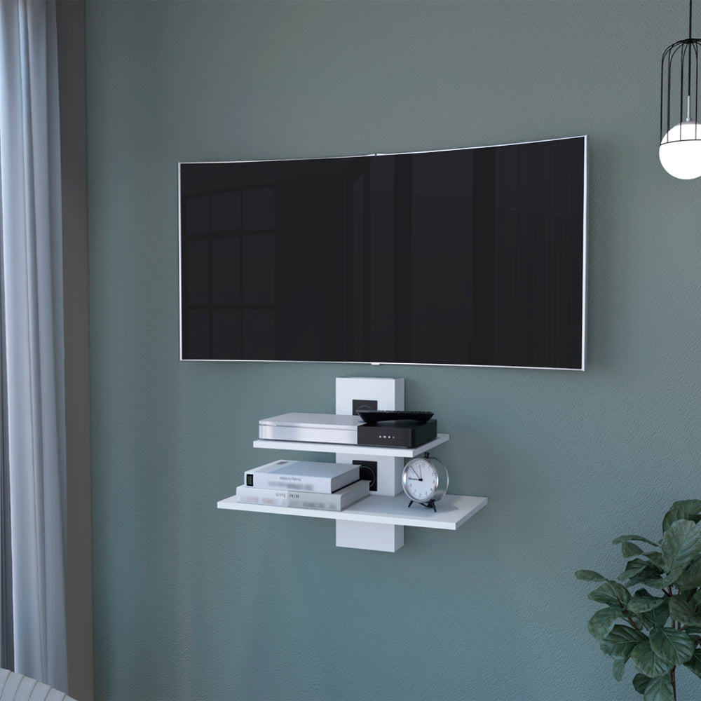 White floating media console with modern curved TV mount