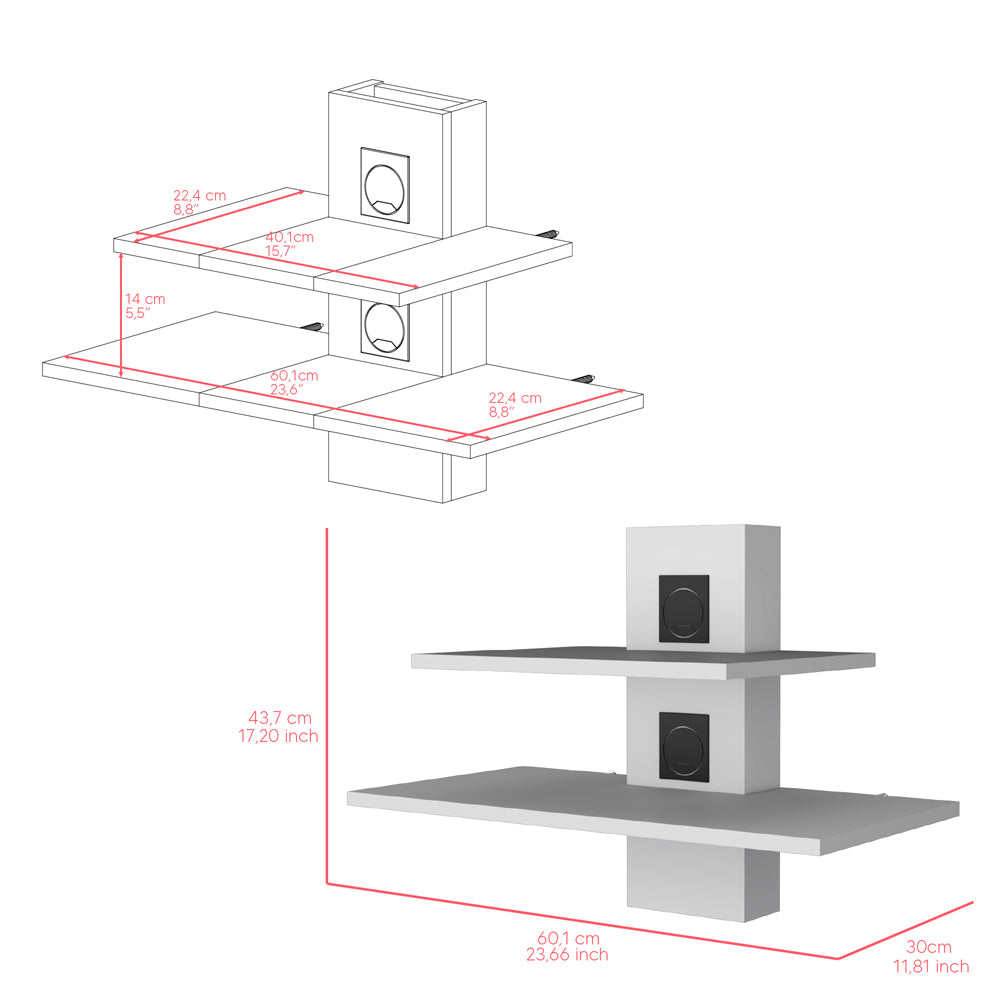 White wall shelf with two platforms and modern circular speakers