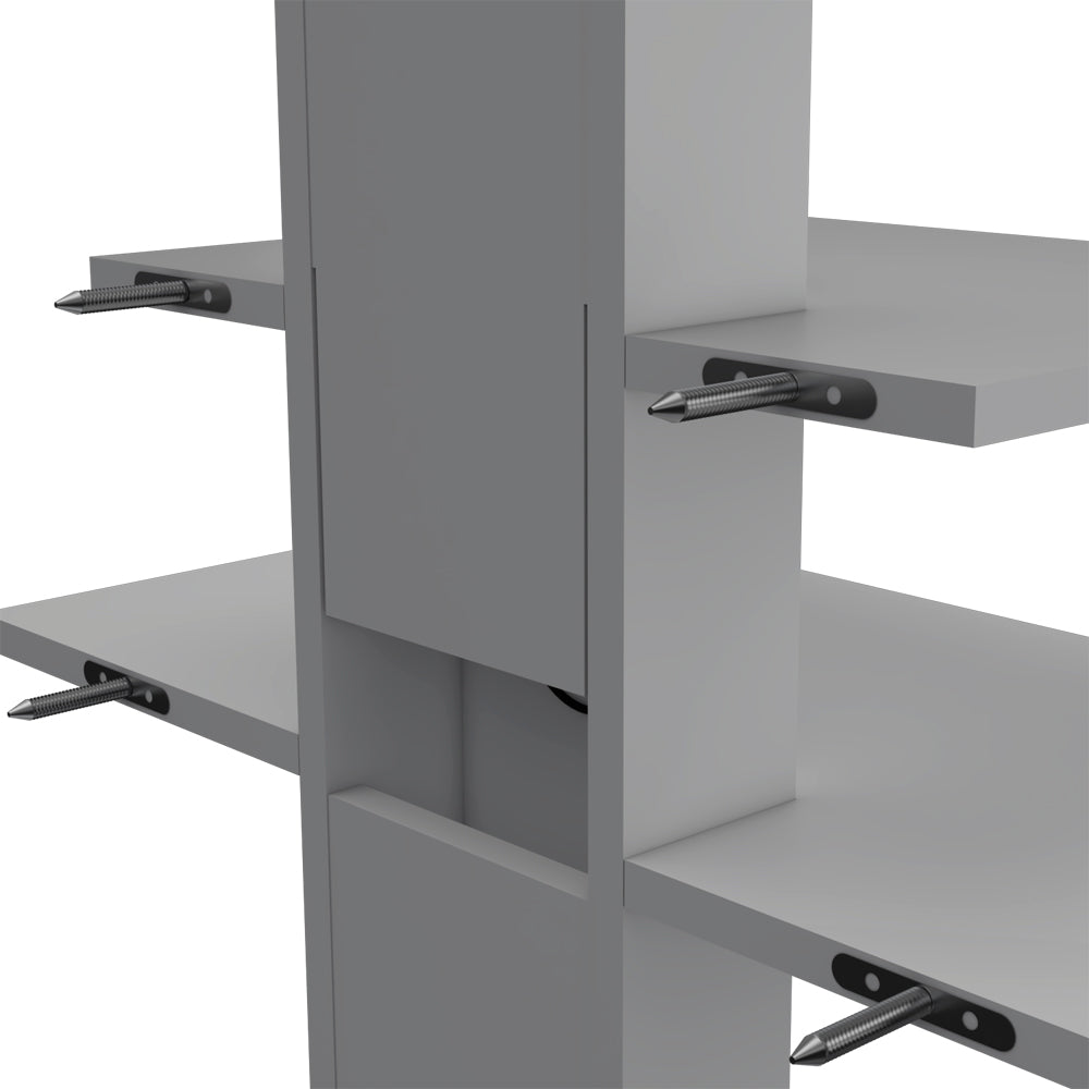 Grey modular shelving unit with metal shelf pins