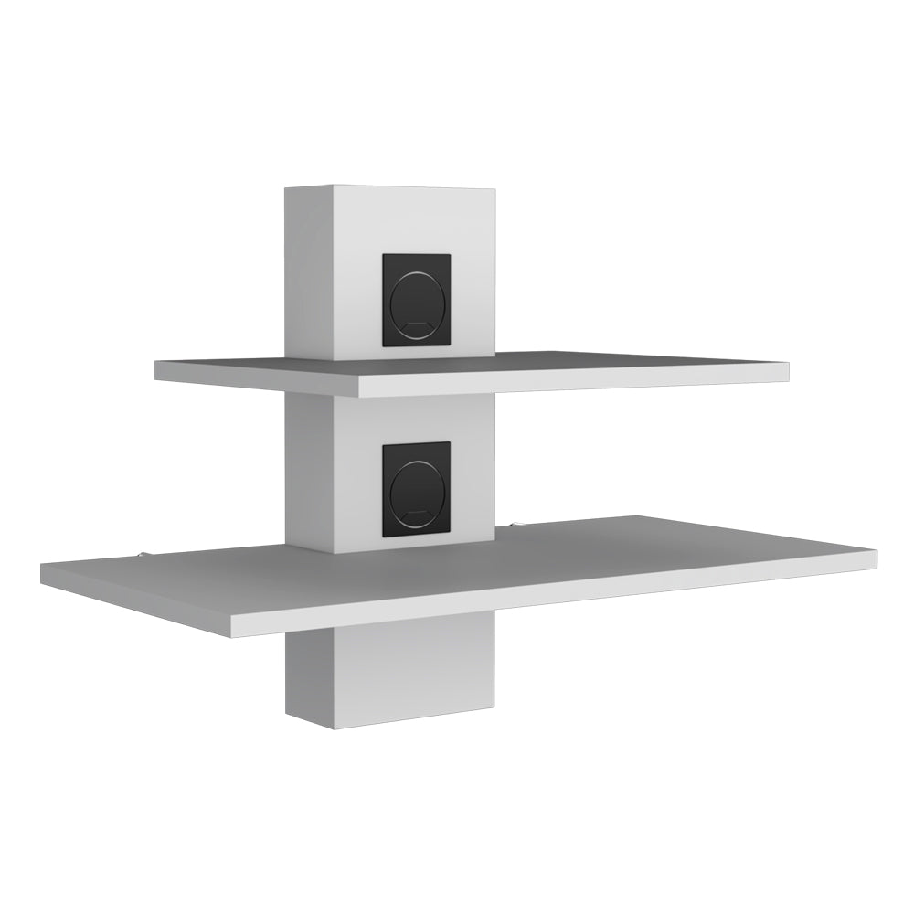 Modern white floating shelf with two levels and integrated black cable management