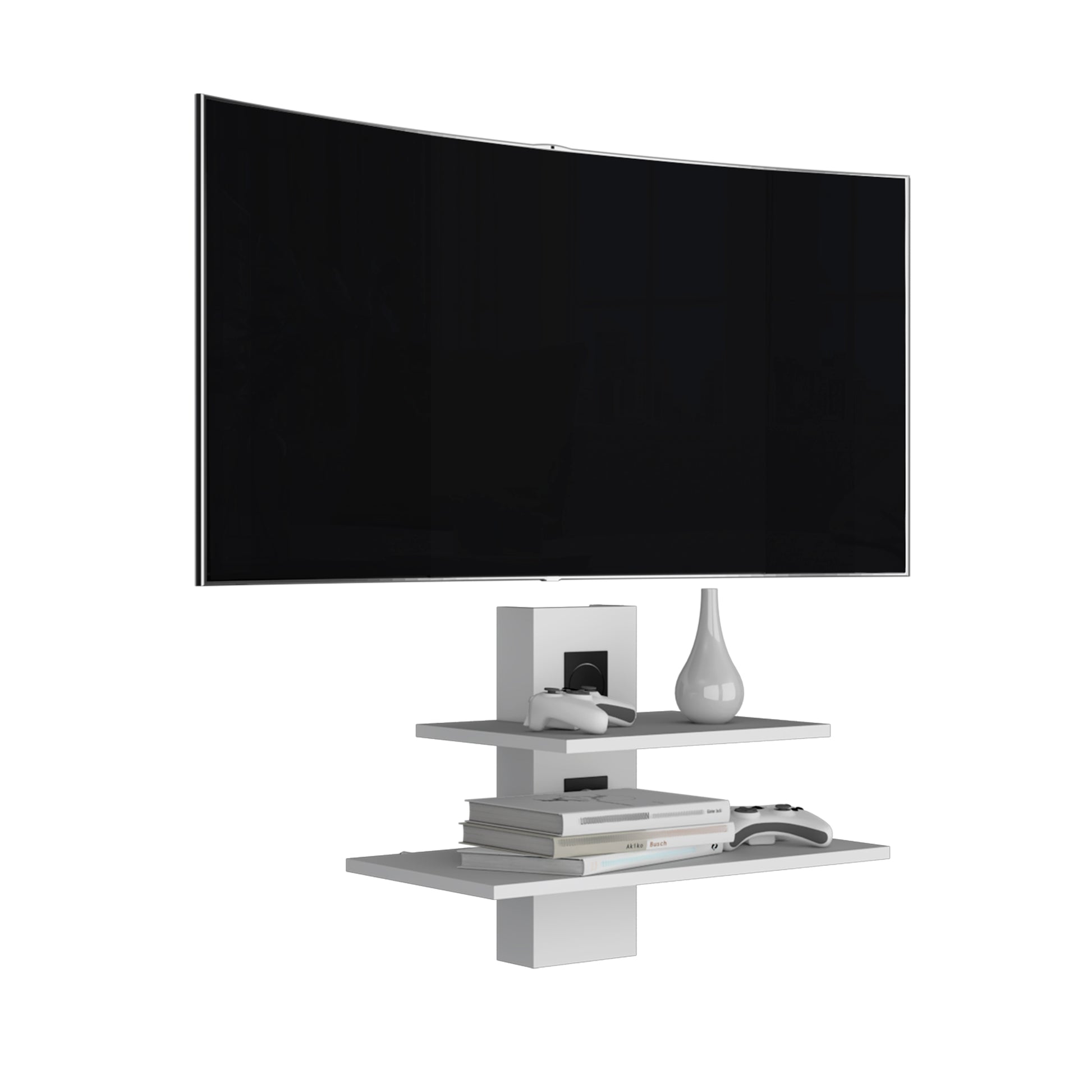 Modern white floating tv stand with curved screen TV