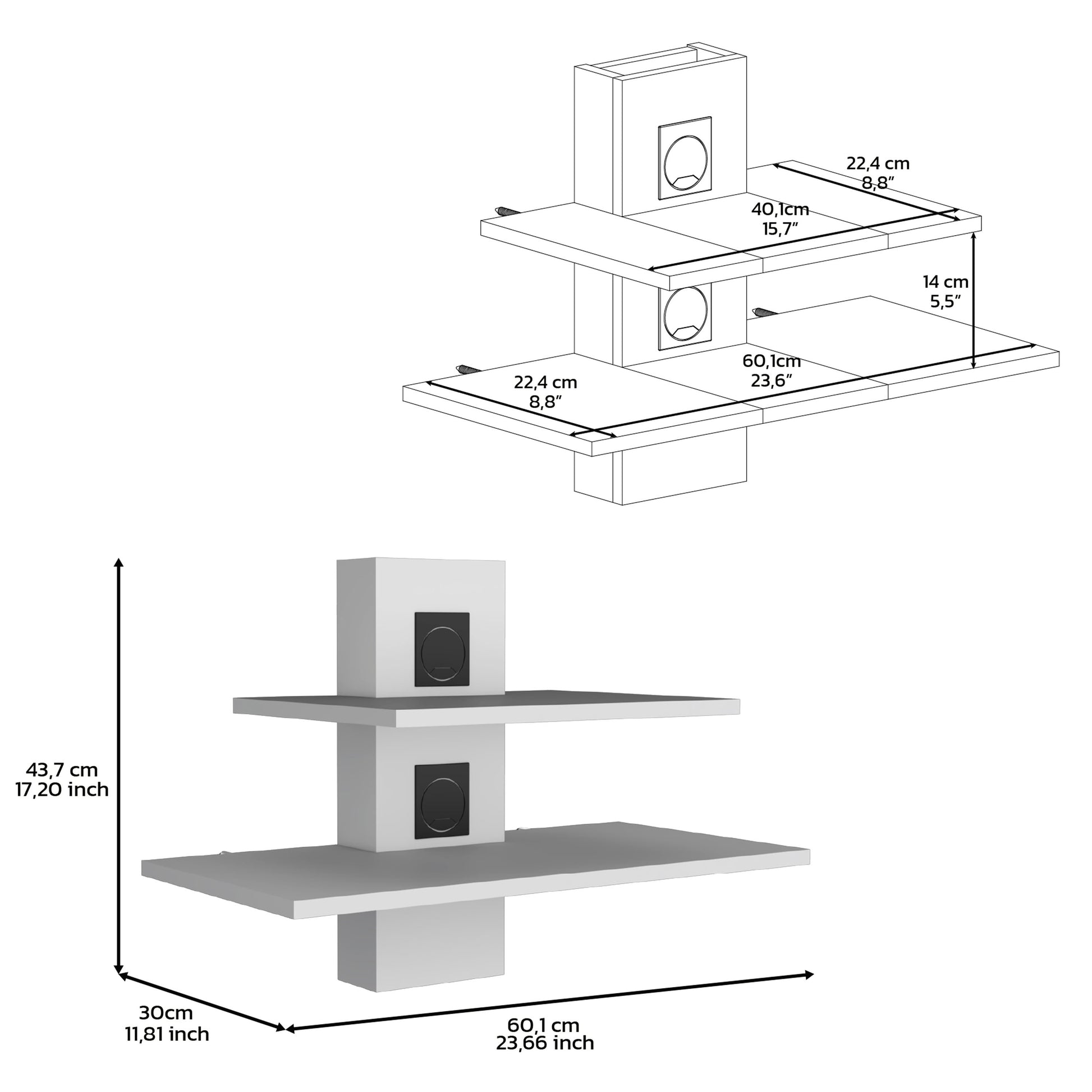 White wall shelf with two tiers and integrated speaker grilles