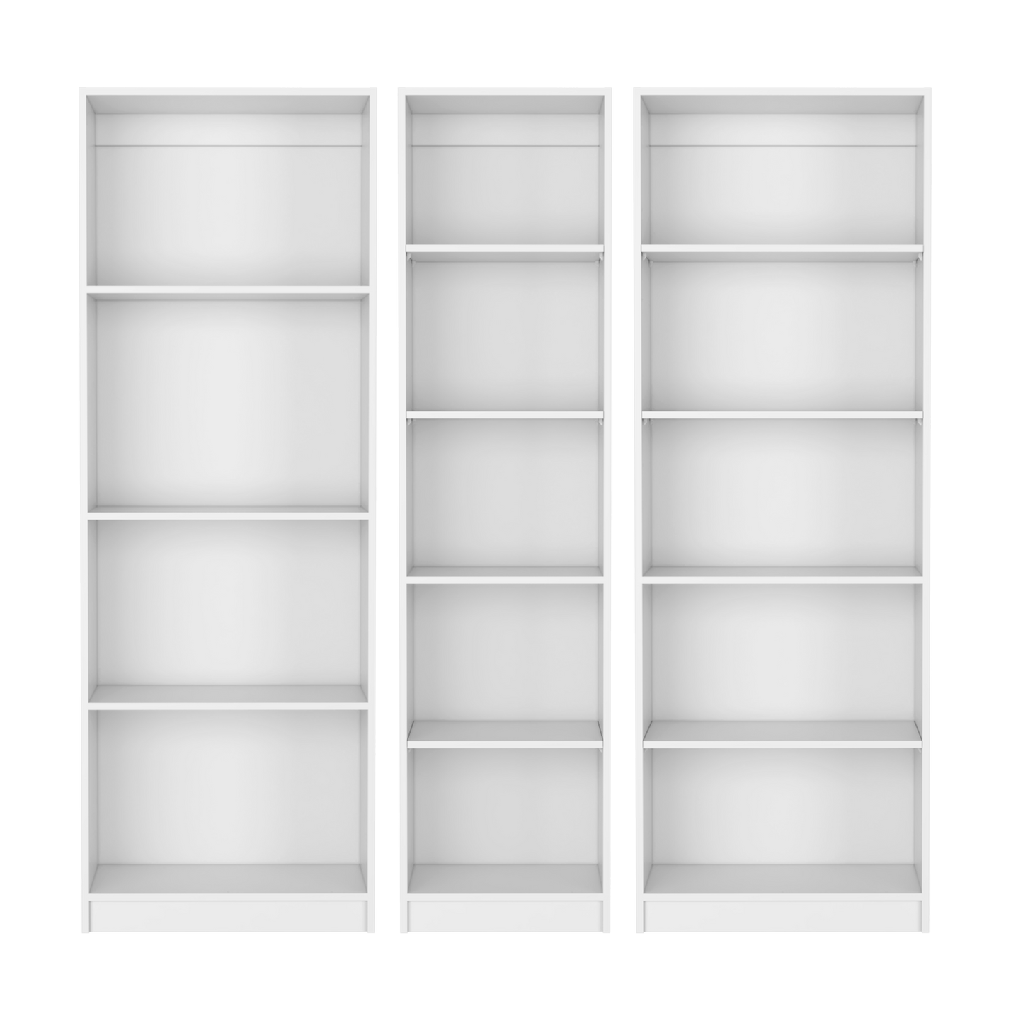 Three white modern bookshelves with five shelves each