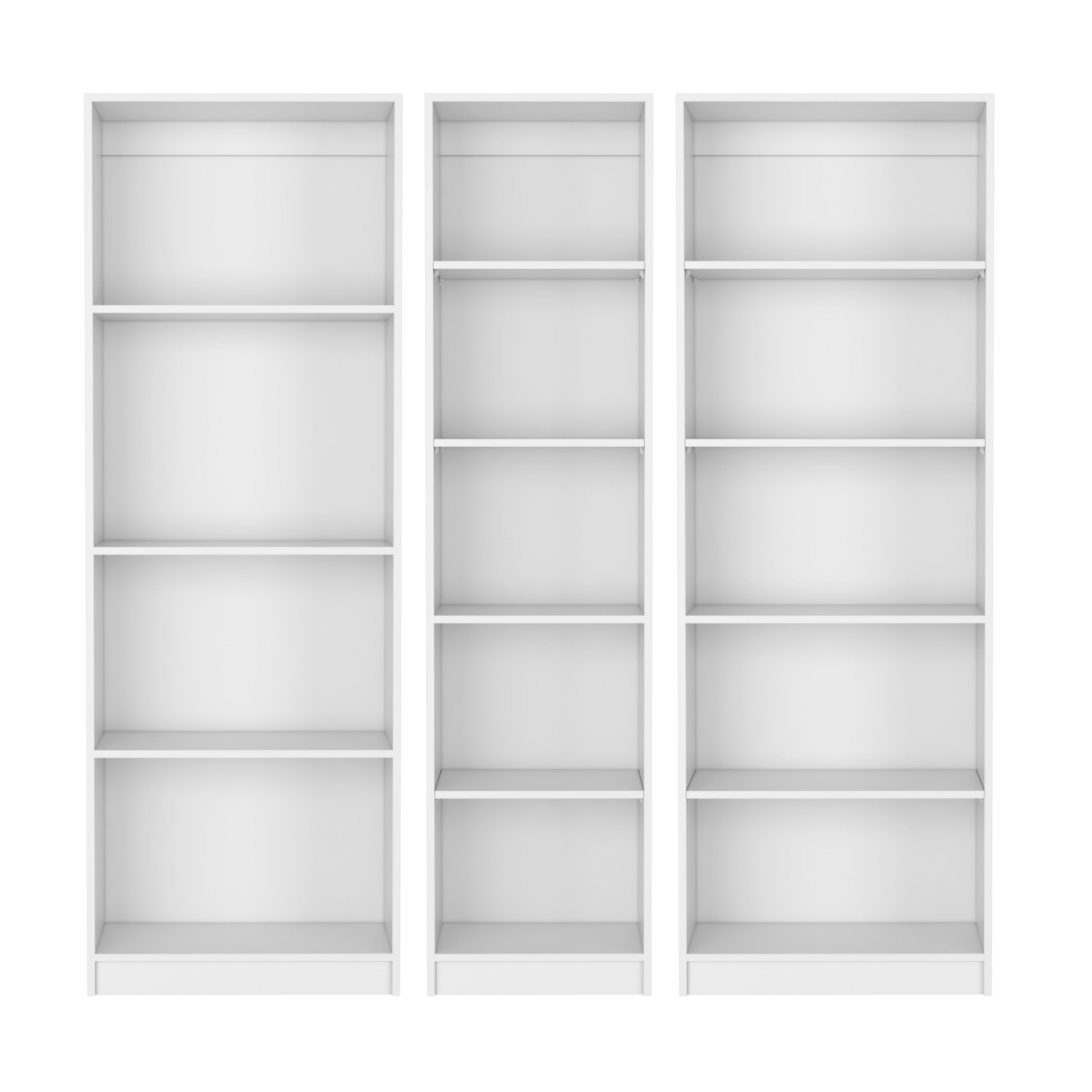 Three white modern bookshelves with five shelves each