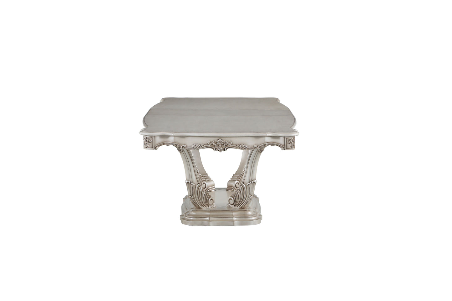 Antique silver console table with ornate carved pedestal base