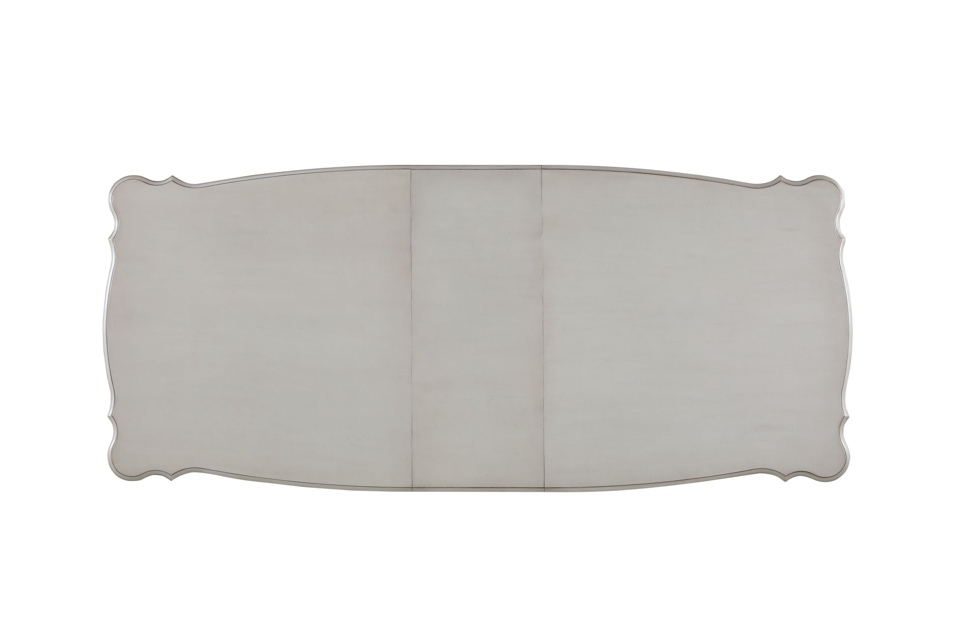 Elegant light gray dining table with scalloped edges and wood grain detail