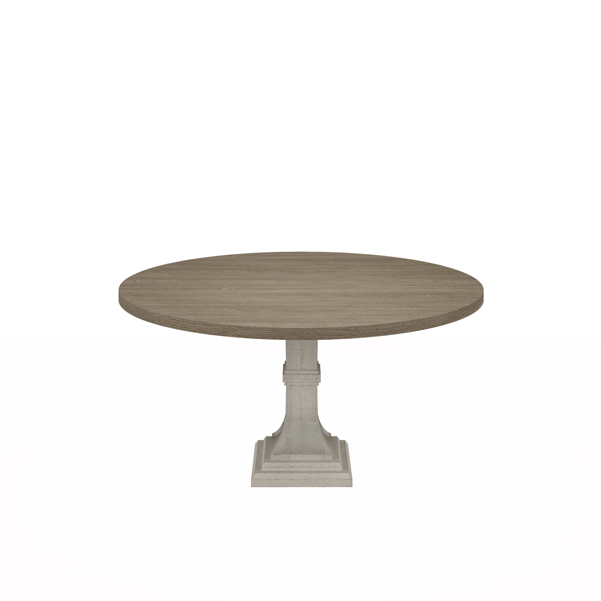 Rustic oak pedestal dining table with distressed finish base