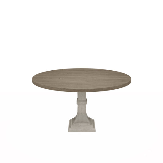 Rustic oak pedestal dining table with distressed finish base
