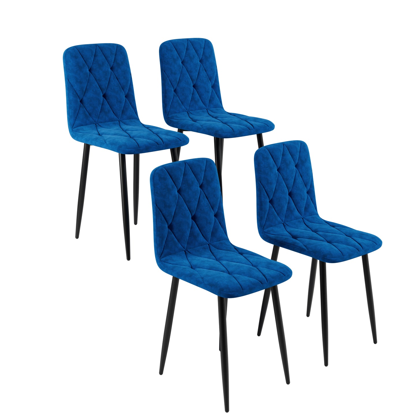 Four blue velvet dining chairs with diamond tufting and black legs