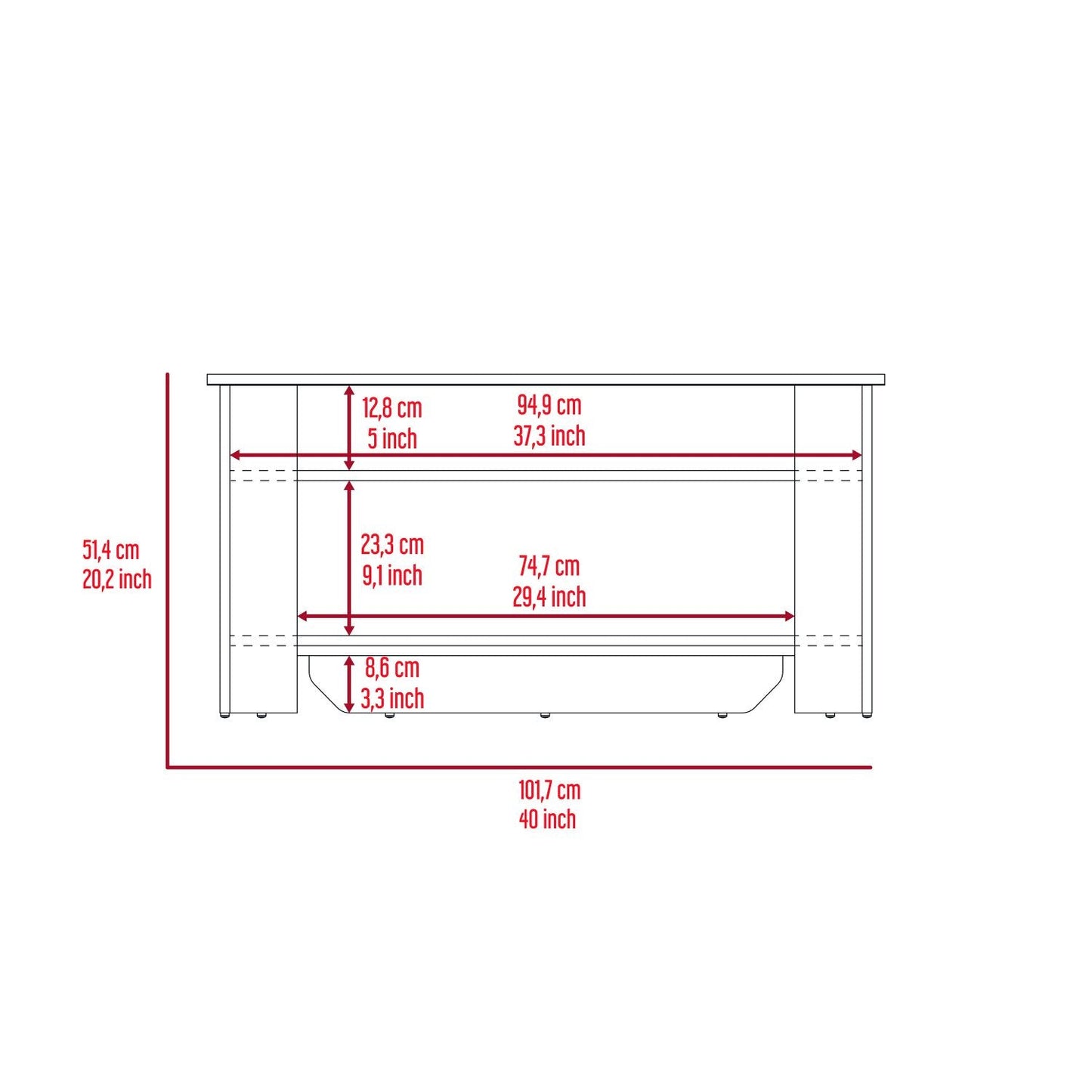 Diagram showing dimensions for a white TV stand