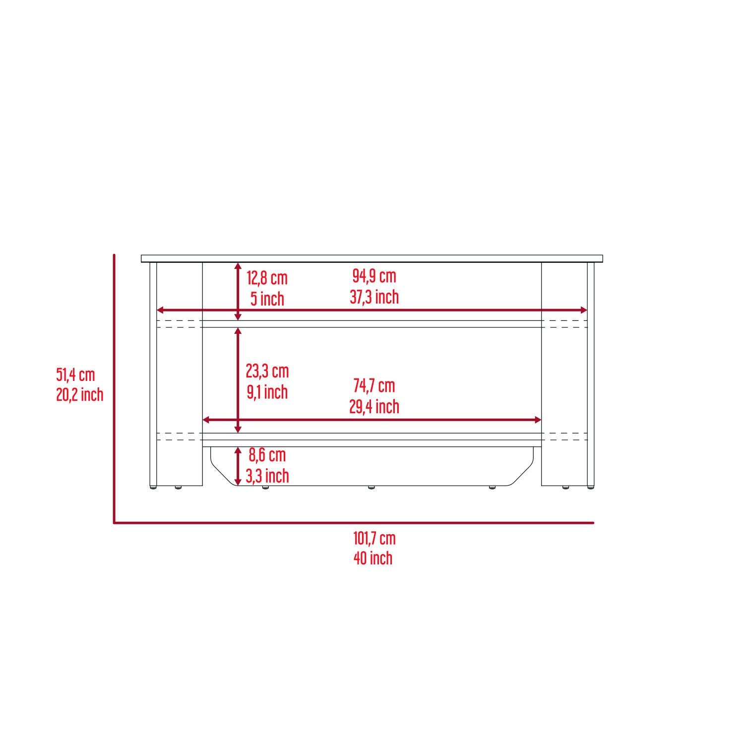 Diagram showing dimensions for a white TV stand