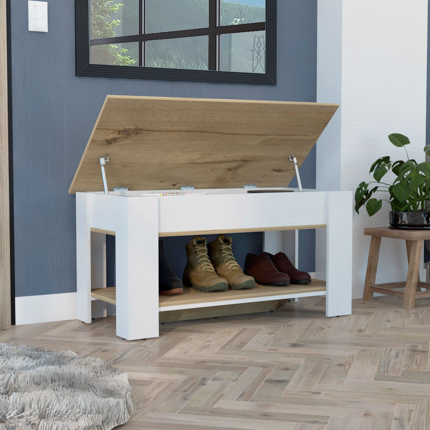 White entryway bench with lifttop storage and open shoe rack