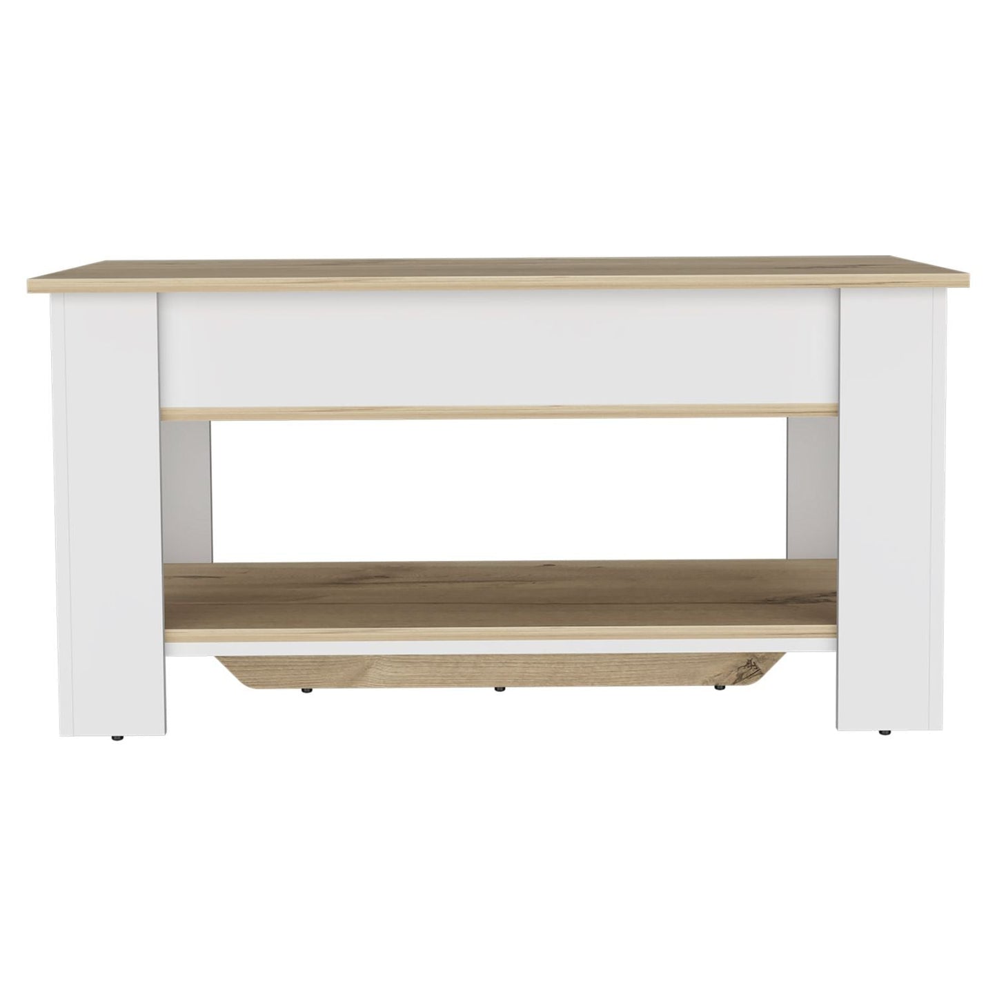 White and oak lifttop coffee table with open shelf