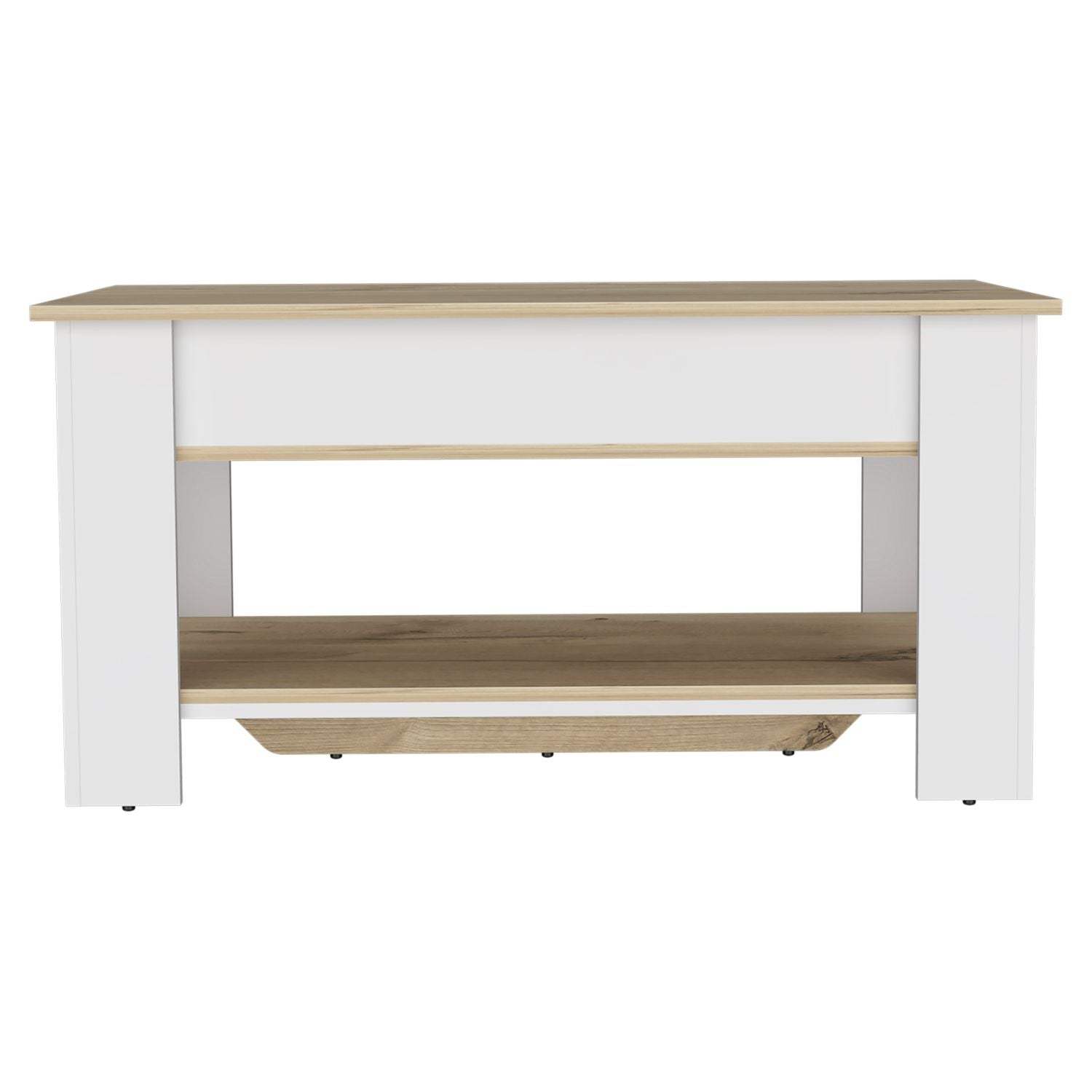 White and oak lifttop coffee table with open shelf