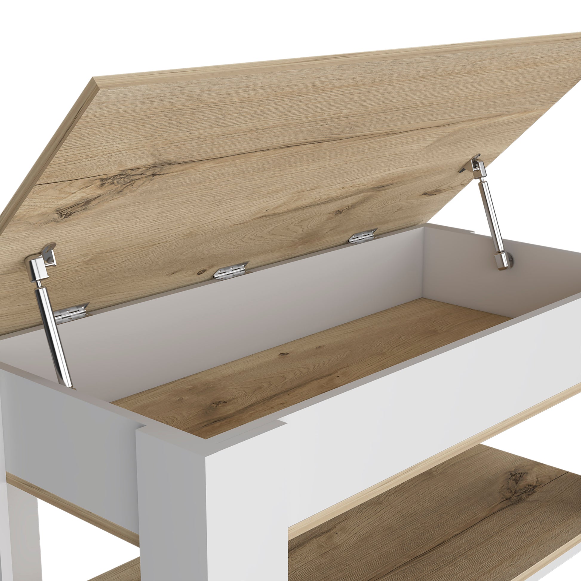 White and oak lifttop storage bench with metal hinges