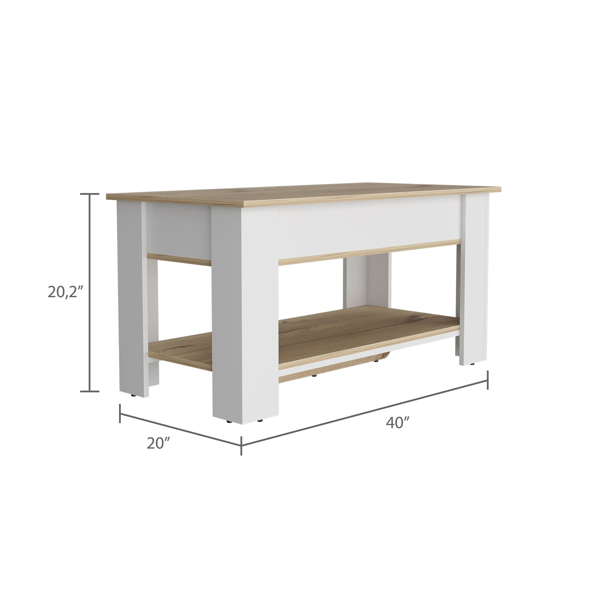 White and oak lifttop coffee table with two shelves