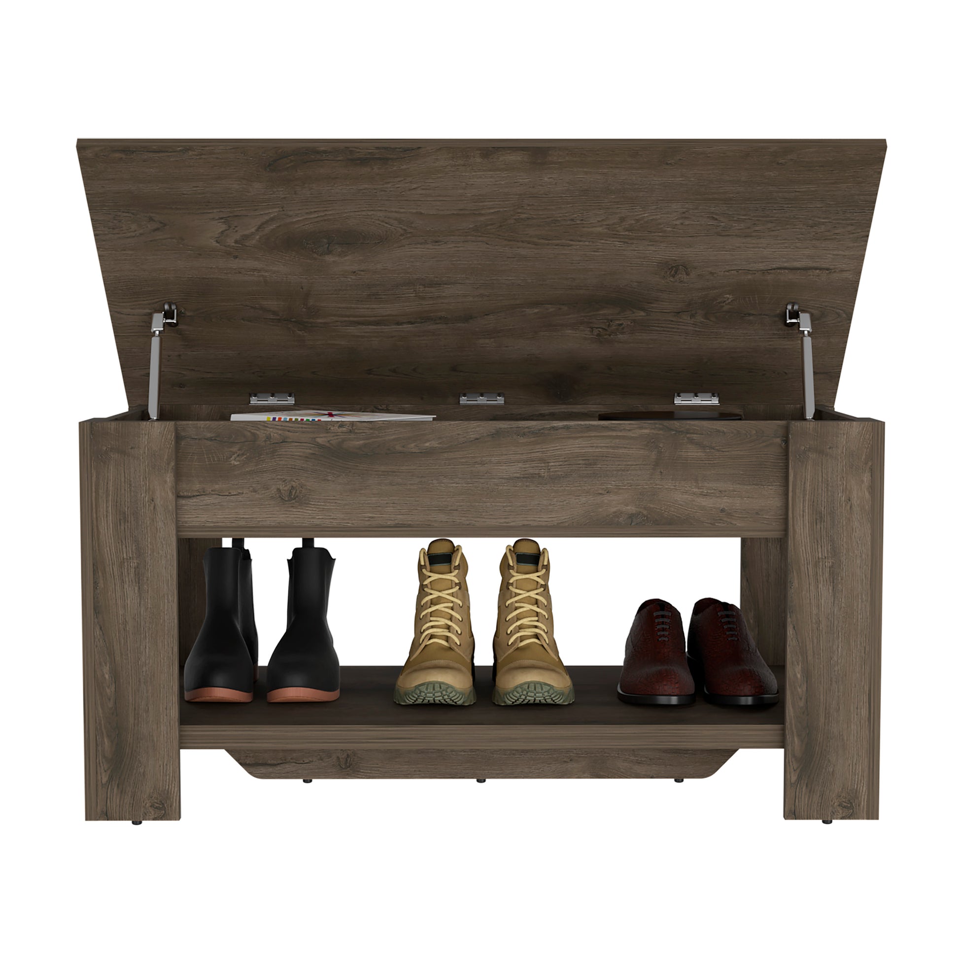 Dark brown wood entryway bench with open storage