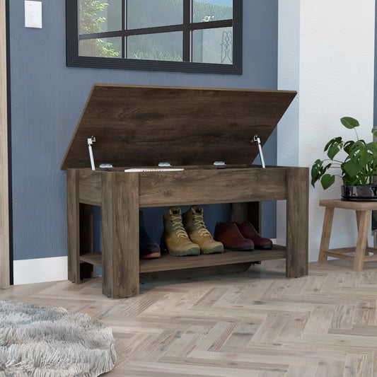 Dark oak entryway bench with hinged storage and shoe rack