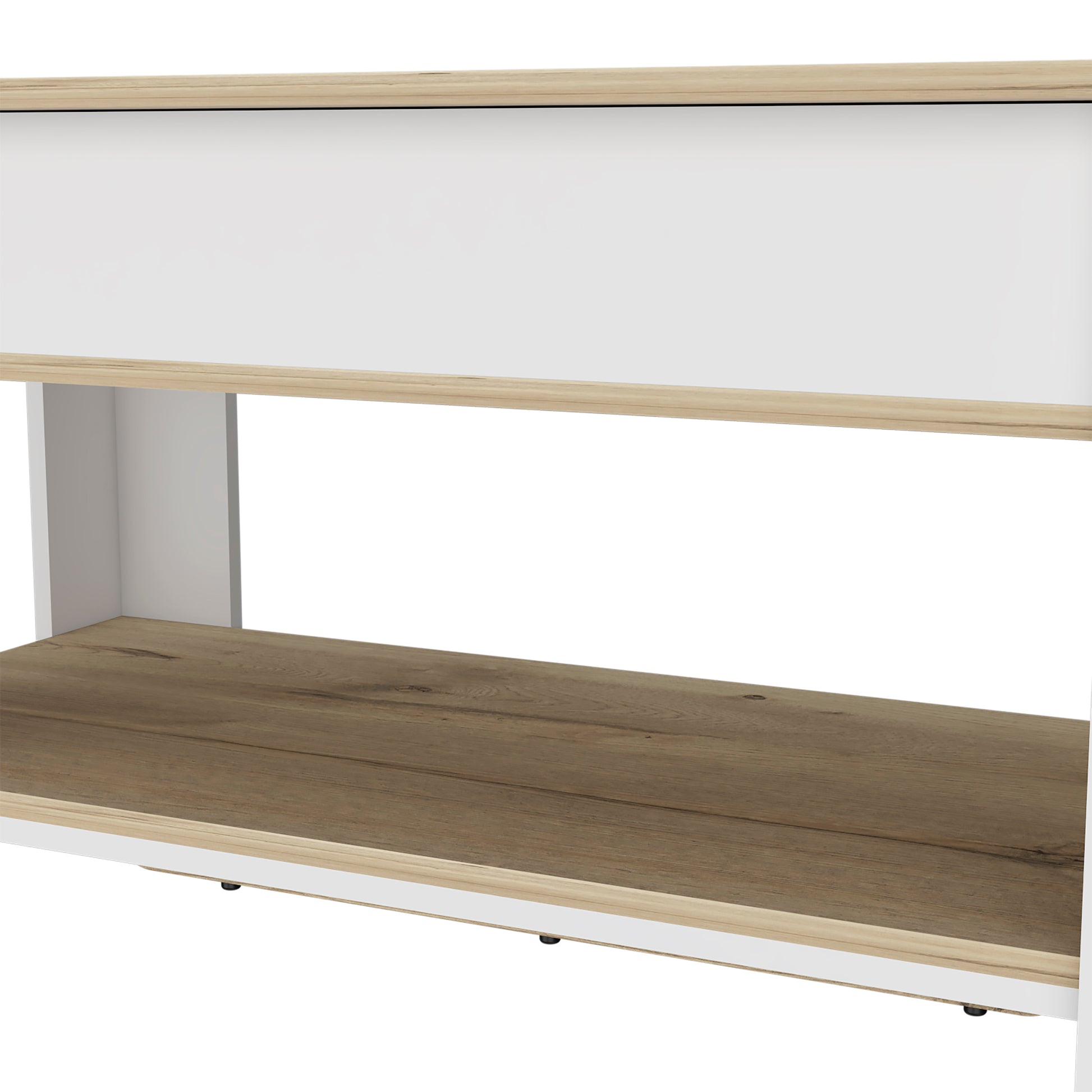 White and oak bookshelf shelf closeup