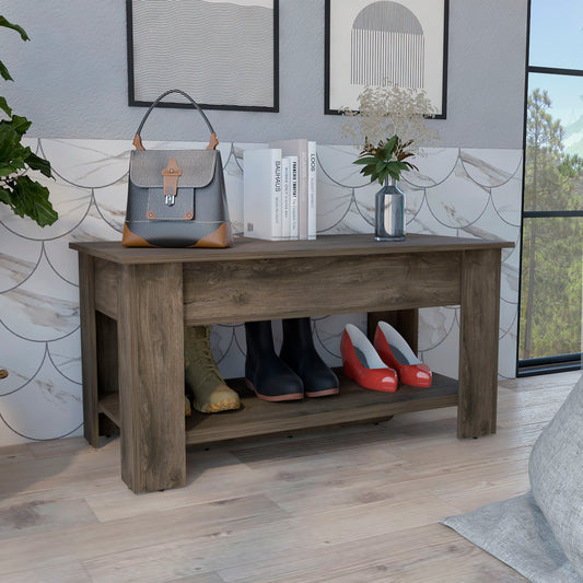 Dark wood entryway bench with two shelves storing boots and red heels