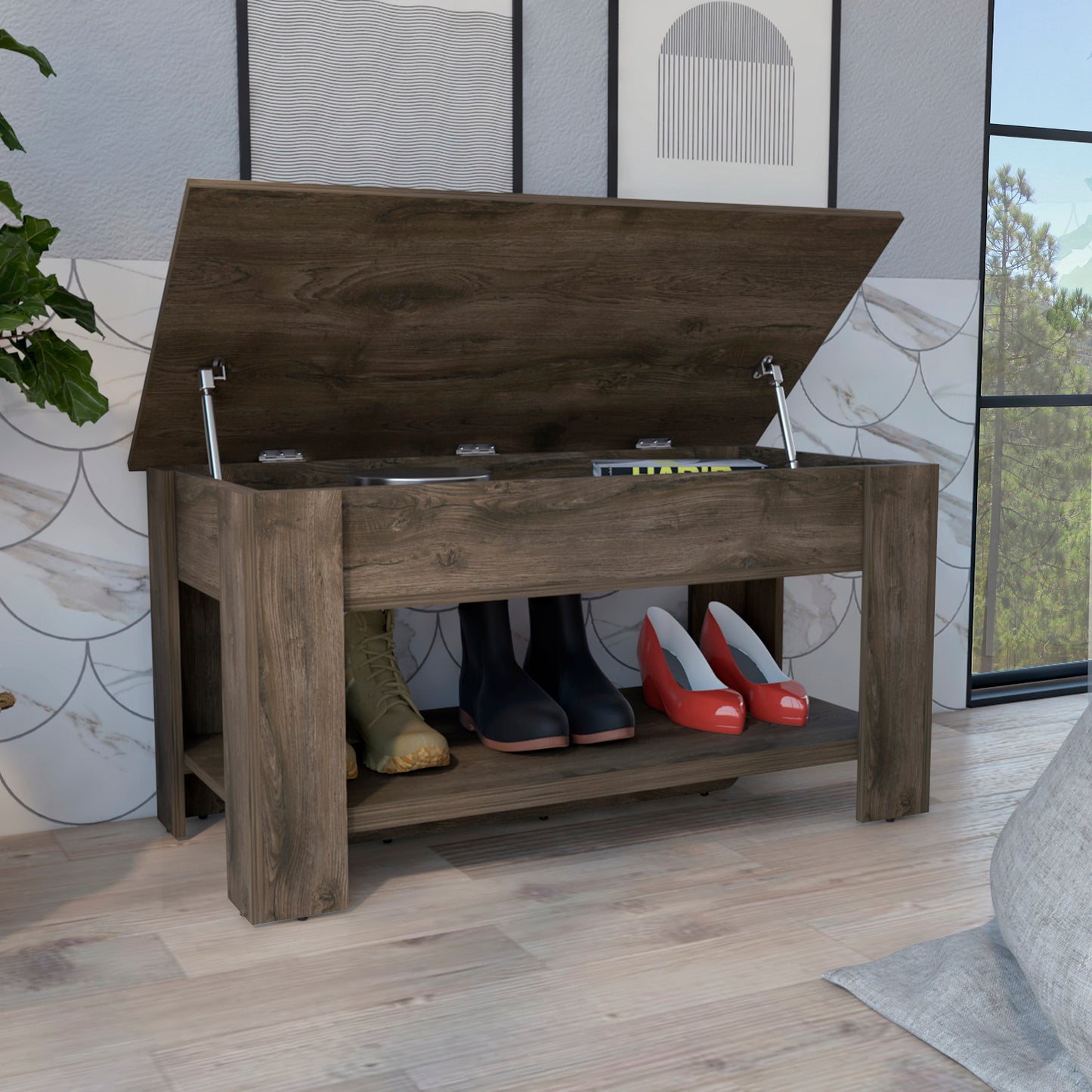 Dark wood storage bench with lifttop open to reveal internal storage and a shoe rack below