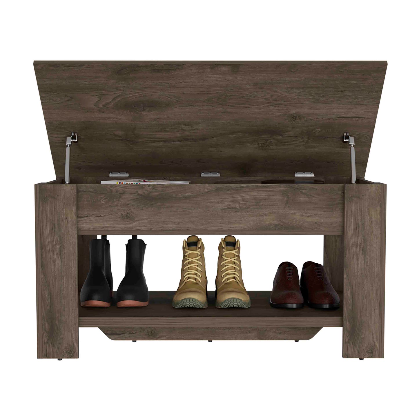 Dark wood storage bench with open lid storing black boots tan work boots and brown dress shoes
