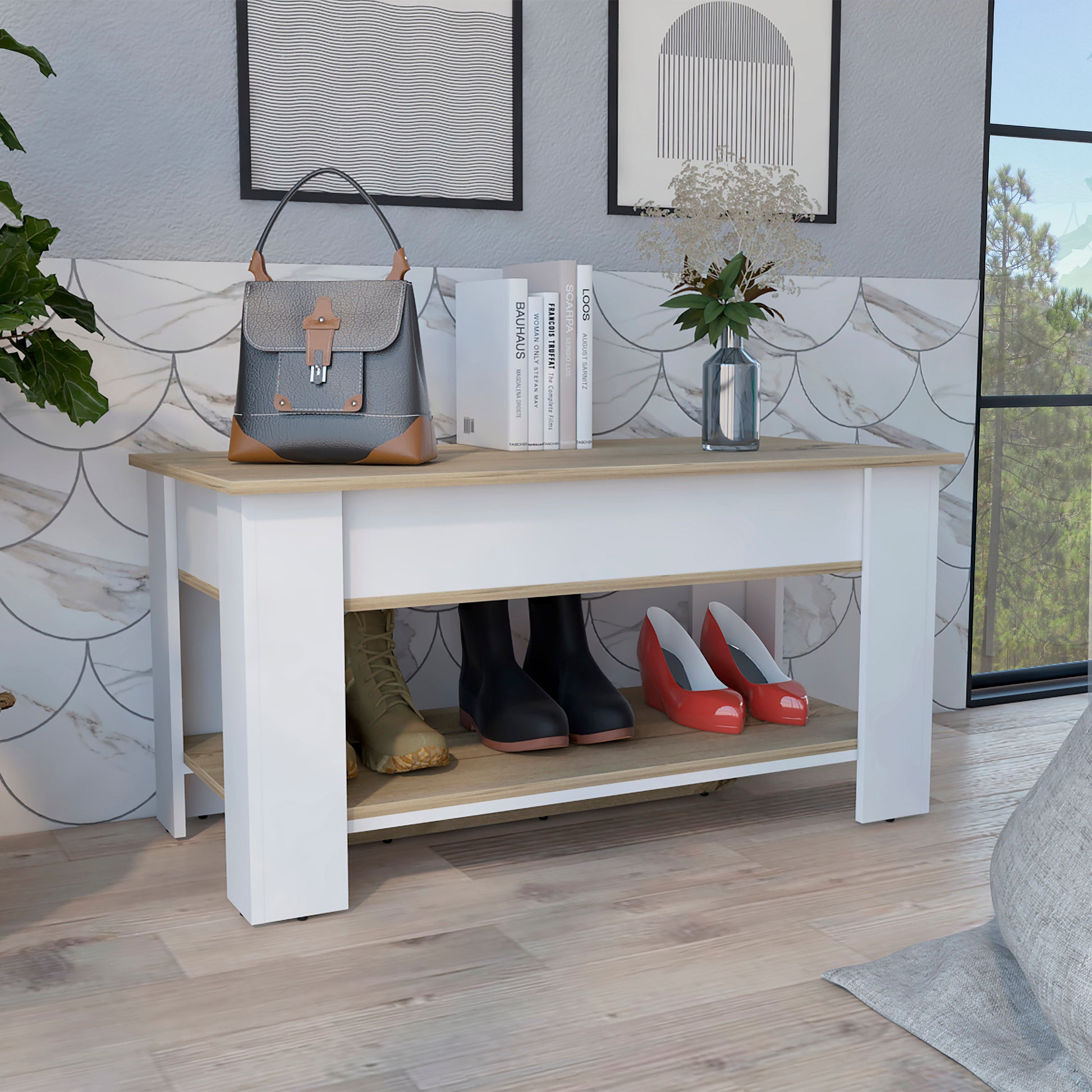 White entryway bench with two shelves holding boots and red heels