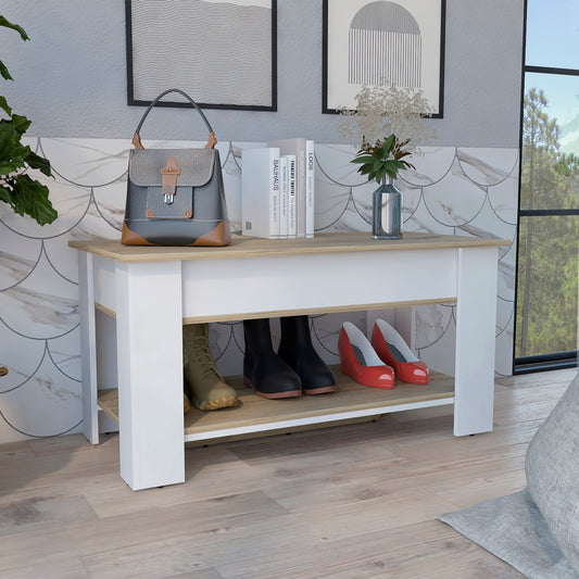 White entryway bench with two shelves holding boots and red heels