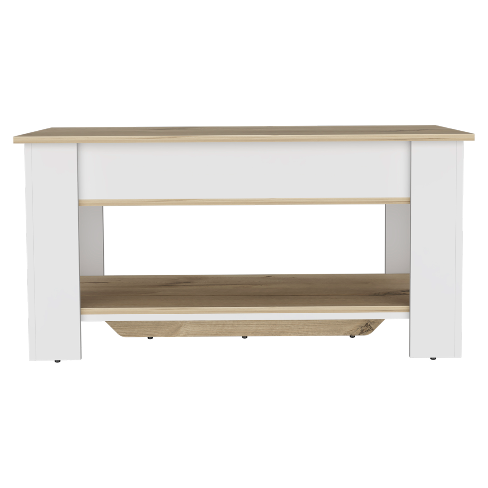 White and oak modern coffee table with two open shelves