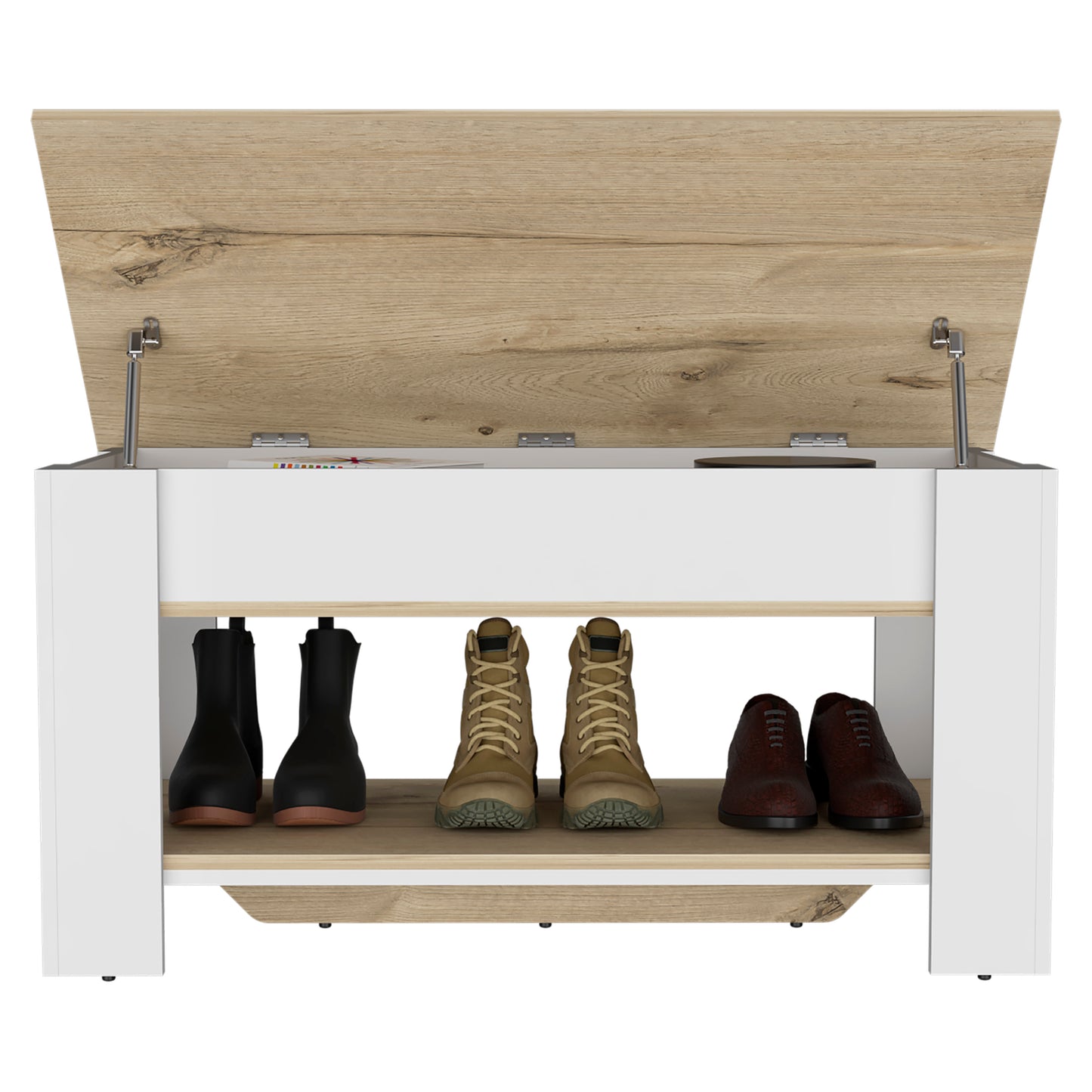 White and wood entryway bench with open storage for boots and shoes