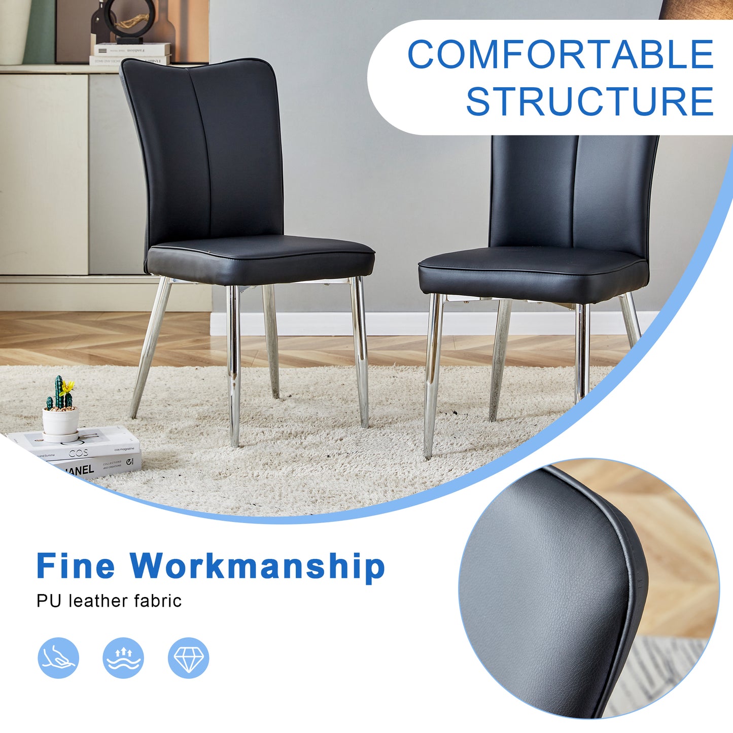 Two black PU leather dining chairs with chrome legs