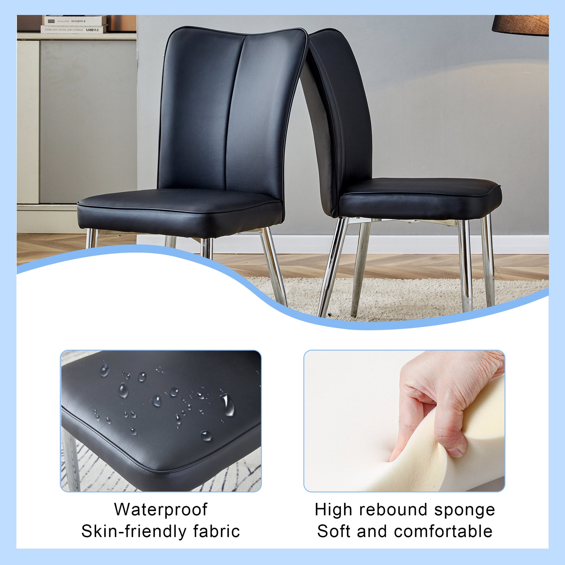 Black faux leather dining chair with chrome legs
