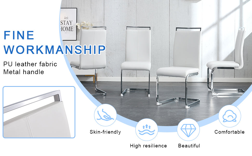 Set of  white PU leather dining chairs with chrome cantilever legs