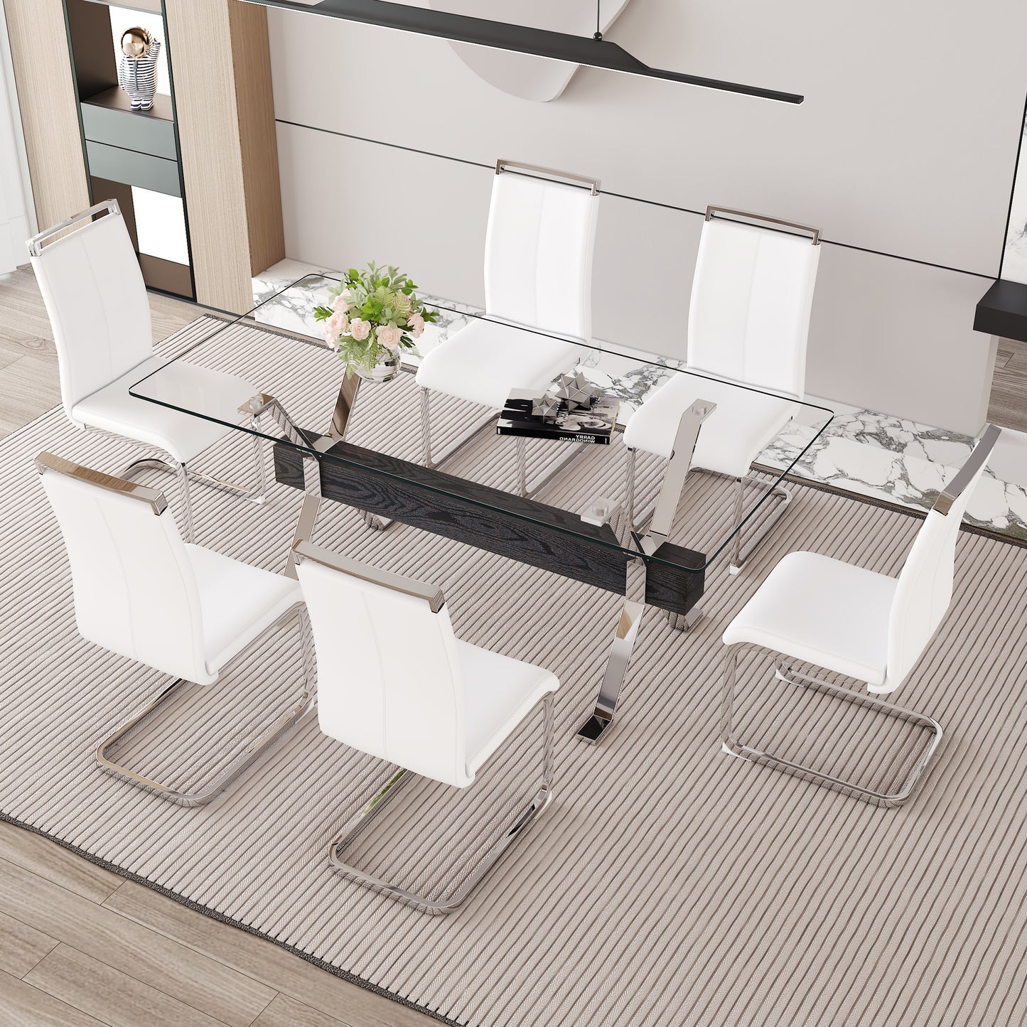 Modern glass top dining table with six white chairs