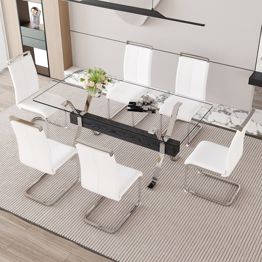 Modern glass top dining table with six white chairs